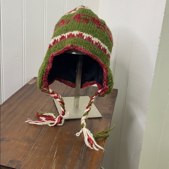 Vintage Green Red 100% Wool Knit Trapper Style Hat - Picture 3 of 9